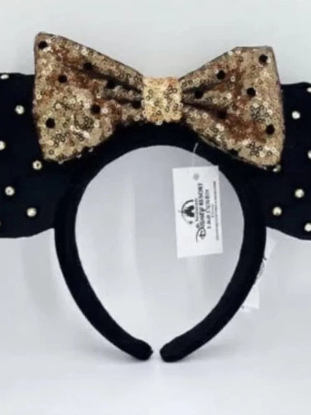 Disney Parks Black Velvet Gold Sequin Polka Dot Exclusive Ears Headband